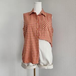 Vintage 90s CWS Casual WorkStyles Red Yellow Plaid Sleeveless Button Down Top L